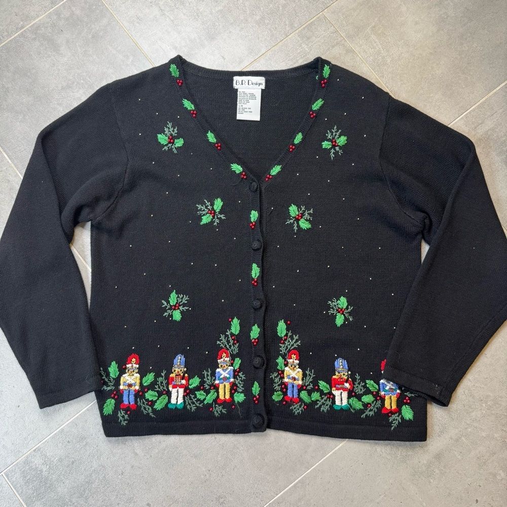 Vintage BP Design Black Christmas Cardigan Holly Nutcracker Sweater Size L